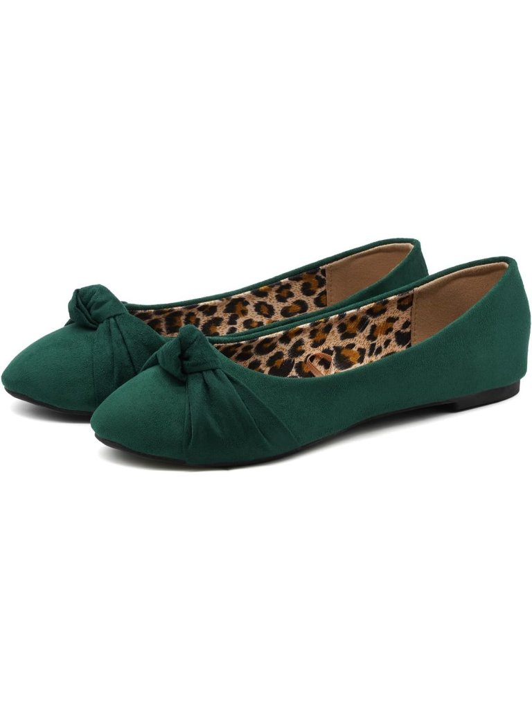 Women's Green Faux Suede Knot Ballet Flats Slip On Round Toe Comfortable Shoes